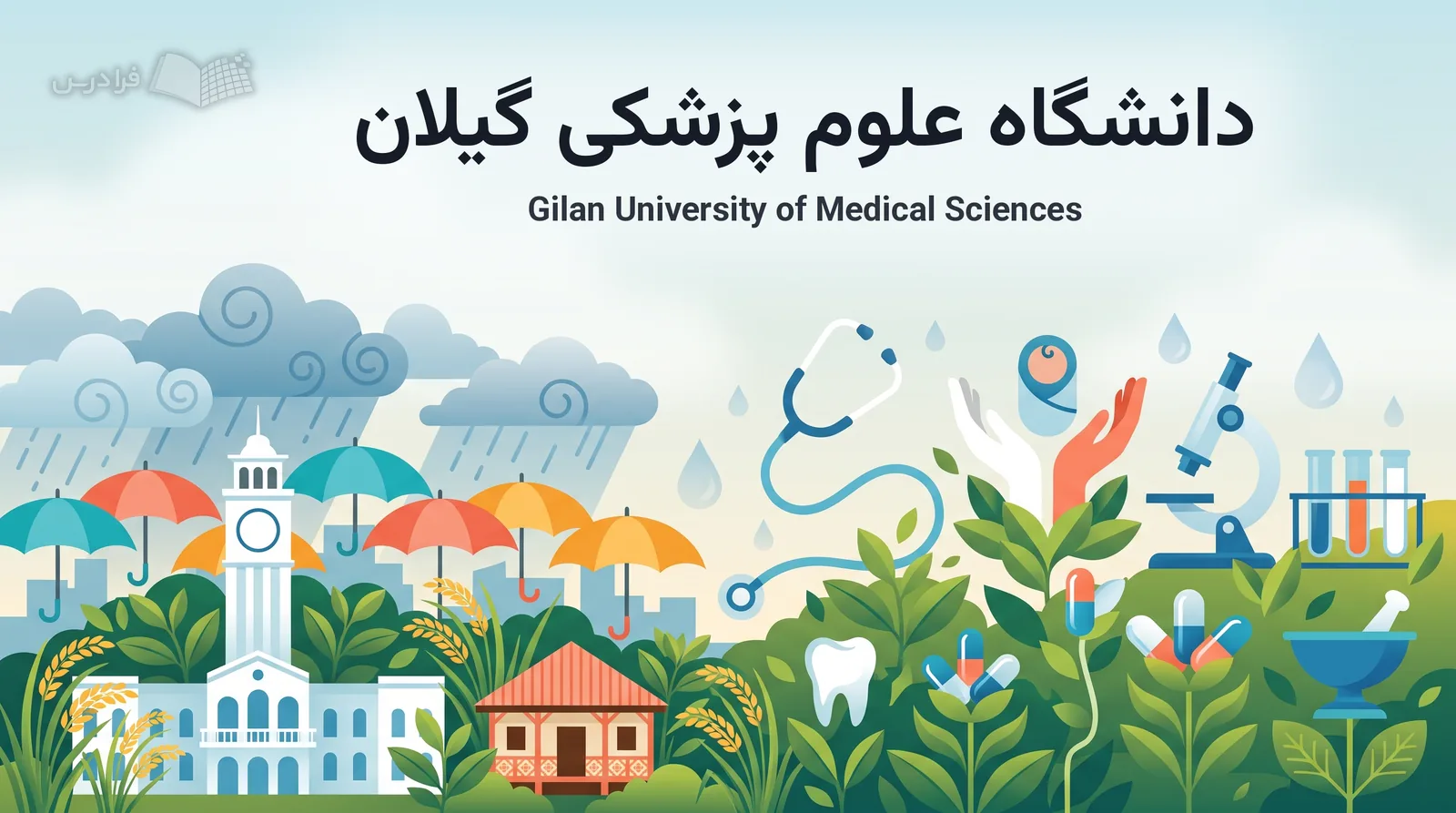 چشم‌انداز بارانی رشت با کاخ شهرداری، خانه گیلکی و نمادهای پزشکی دانشگاه علوم پزشکی گیلان درهم می‌آمیزد.
