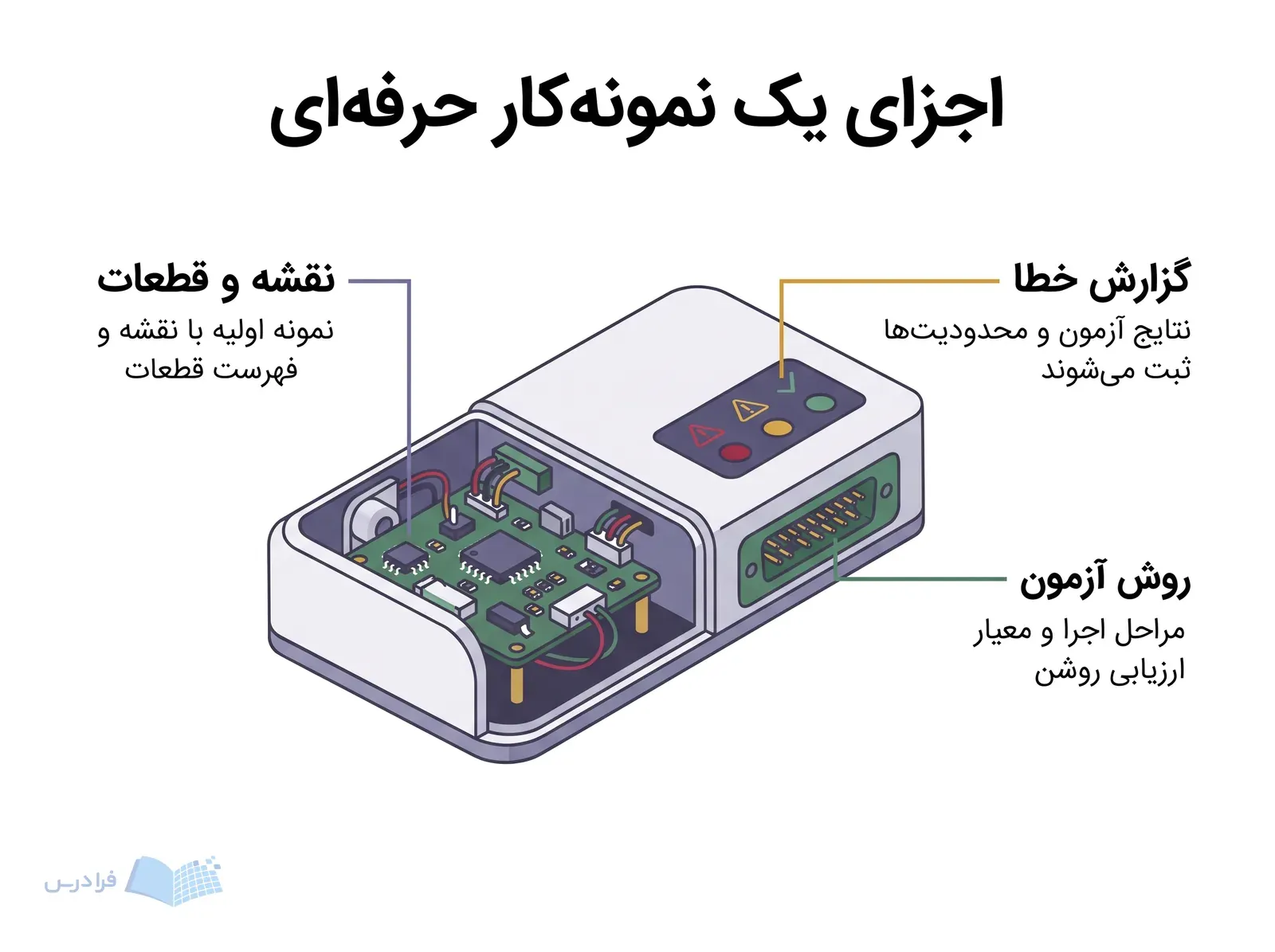 نمونه اولیه تجهیزات پزشکی با مدار، درگاه آزمون و نشانگر خطا برای معرفی اجزای نمونهکار.