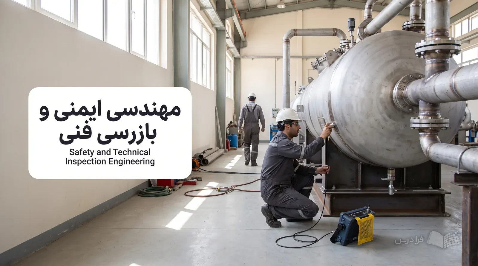 بازرس فنی در محوطه صنعتی، جوش مخزن تحت فشار را با دستگاه اولتراسونیک بررسی میکند.